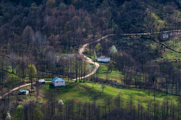 Landscape with mountain roads, houses and trees. High contrast nature photo. Tonya, Trabzon...