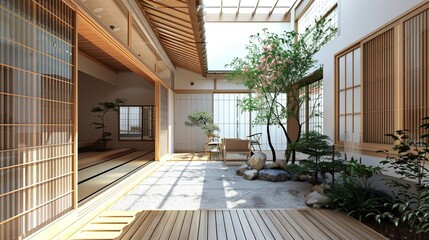 Traditional Japanese machiya townhouse with sliding shoji doors, tatami mat flooring, and a...