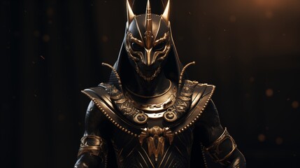 A statue of Anubis, the Egyptian god of the afterlife, depicted in a black and gold outfit.