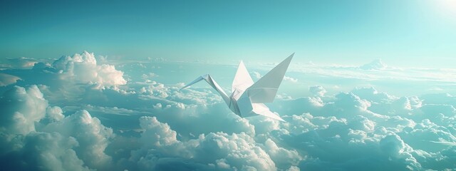 A lone origami crane soaring across a vast expanse of light blue sky, leaving a trail of delicate paper folds behind.