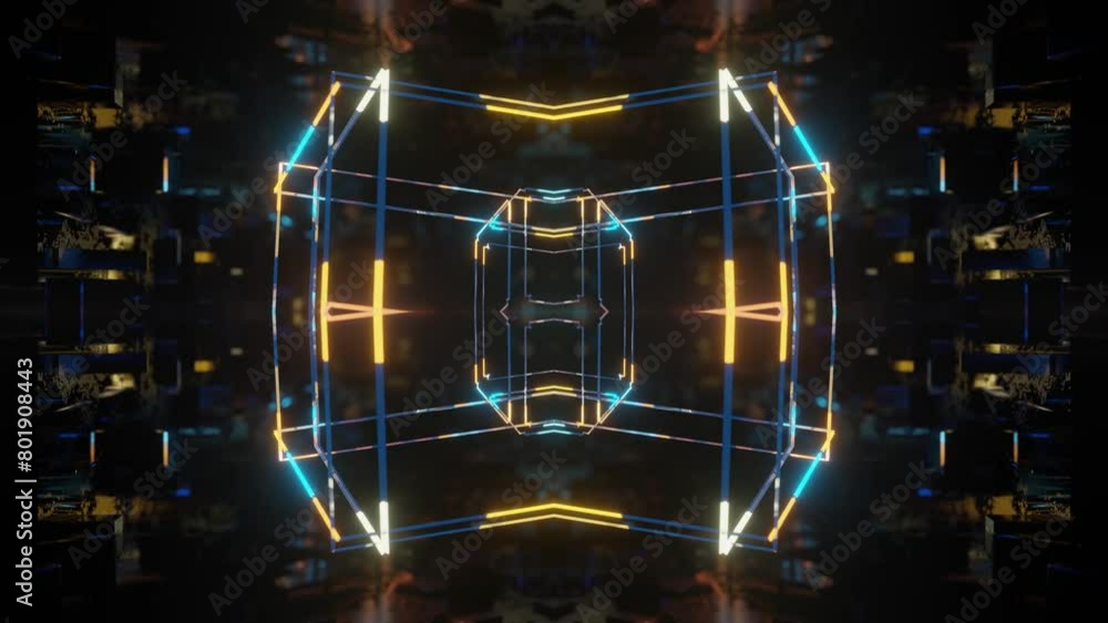 Poster symmetrical 3d object or structure rotates and moves inside glass mirror tunnel with neon light, bri