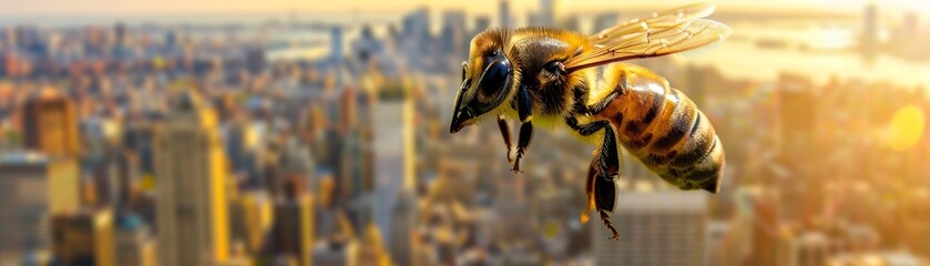 Worker bee carrying pollen, superimposed on a cityscape, symbolizing urban beekeeping, suitable for sustainabilityfocused urban initiatives