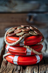 Stacked coins in red lifebuoy or lifebelt with wooden background copy space. Assets wealth, money saving
