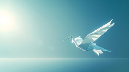 A lone origami crane soaring across a vast expanse of light blue sky, leaving a trail of delicate paper folds behind.