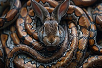 Cute fluffy rabbit victim surrounded by poisonous snake in a trap. Beautiful natural dangerous picture of a mammal surrounded by snakes with skin texture