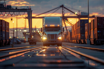 Industrial port at sunset with a truck approaching amidst container stacks