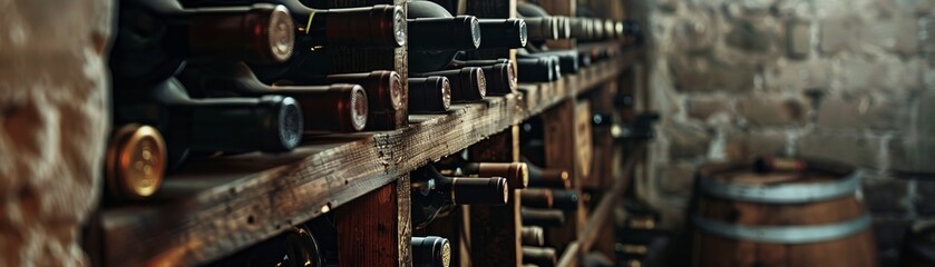 Vintage wine bottles in an old wine cellar, mysterious and alluring, perfect for antique wine collection or specialty store ads