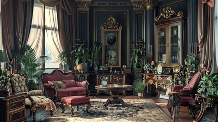 Victorian elegance with ornate furniture, rich fabrics, and intricate details.