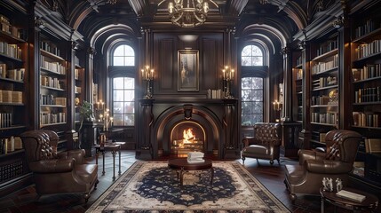 Obraz premium Victorian Gothic-inspired library with dark wood bookshelves, leather armchairs, and a cozy fireplace.