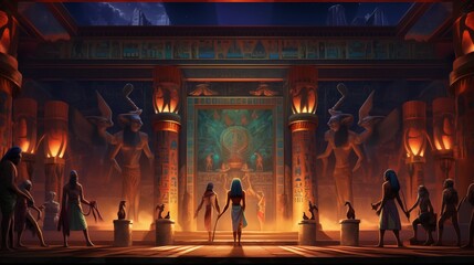 Obraz premium A vibrant, colorful depiction of Anubis performing the weighing of the heart ceremony from the Book of the Dead, with scales, feather, and a heart, set inside a richly decorated tomb.