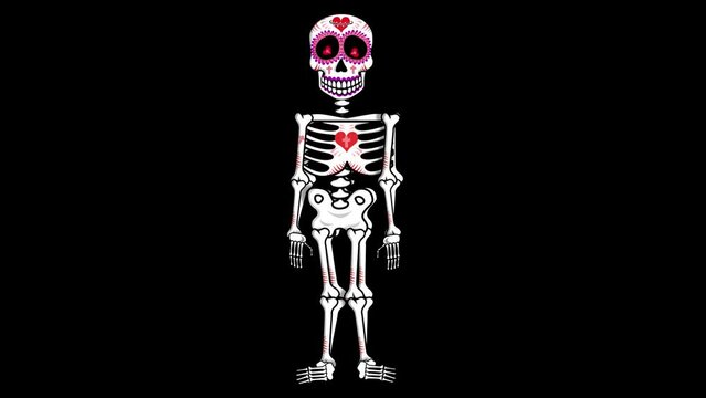 Seamless psychedelic background with Mexican dancing skeleton isolated with alpha channel. Halloween vector style animation with catrina illustration 