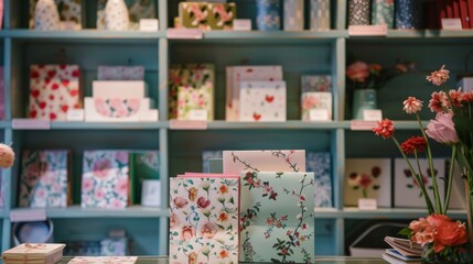 Valentines Day card display at a boutique, variety of designs shown, ideal for stationery store or gift shop ads