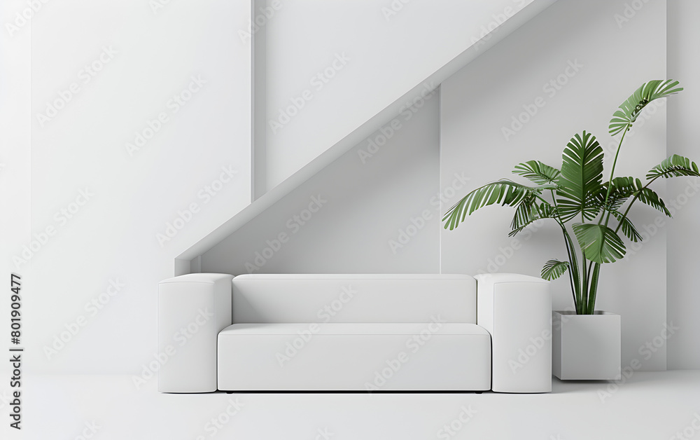 Poster a white couch is in a room with a white wall and a plant. the couch is the main focus of the image, 