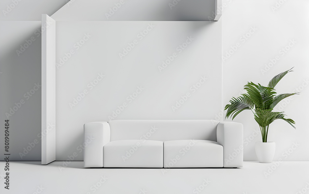 Poster a white couch is in a room with a white wall and a plant. the couch is the main focus of the image, 