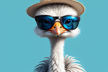 Ostrich bird in sunglass shade glasses - obrazy, fototapety, plakaty