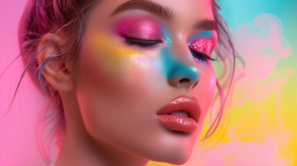Fototapeta premium A woman with colorful makeup on her face. The makeup is bright and vibrant, giving the impression of a fun and playful mood. colorful make up concept