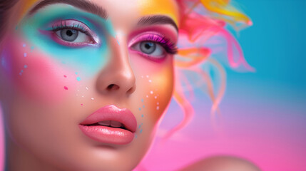 A woman with colorful makeup on her face. The makeup is bright and vibrant, giving the impression of a fun and playful mood. colorful make up concept