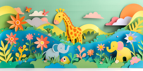 Naklejka premium Cute tropical animals, lion, rhino, giraffe, monkey, African landscape, isolated. Hand drawn illustration. Scandinavian style flat design. Concept for kids fashion, textile print, poster card. 