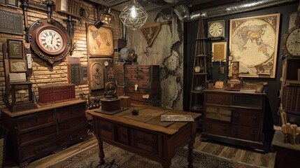 Victorian steampunk-inspired escape room with vintage props, hidden compartments, and...