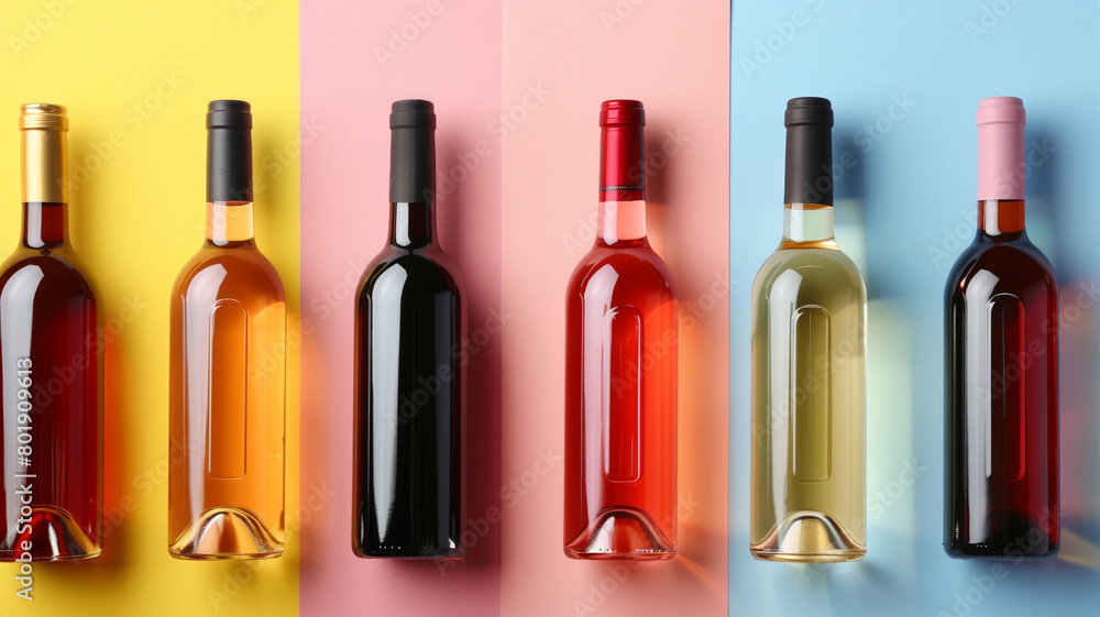 Poster a row of wine bottles with different colors and sizes. the bottles are lined up on a pink background