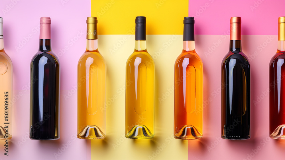 Poster a row of wine bottles with different colors and sizes. the bottles are lined up on a pink background