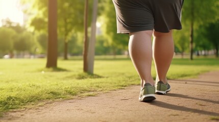 Fat man in athletic attire walk on asphalt path in park on sunny day. Man enhancing physical health and shedding pounds with desire to shed weight. Active lifestyle and keeping eye on human appearance