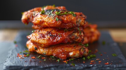 Stack of spicy fried chicken wings on a modern black slate plate, minimalist style, suitable for elegant dining advertisements