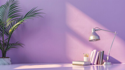 Workplace with lamp books and palm leaf near lilac wall