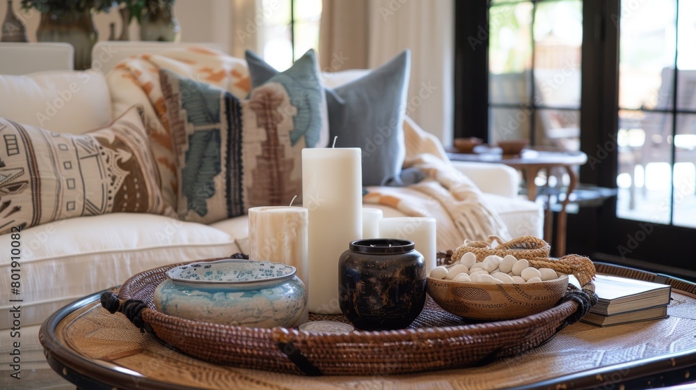 Poster a whimsical display of mismatched candles adorns a chic tray adding a playful touch to the eclectic 
