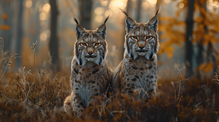 A pair of lynx sitting in the middle of the bushes of a misty forest at sunrise