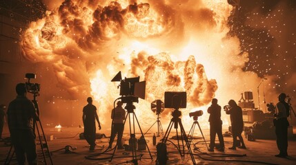Fototapeta premium Special effects team setting up a pyrotechnic explosion for a film, behindthescenes look, ideal for film school or workshop promotions