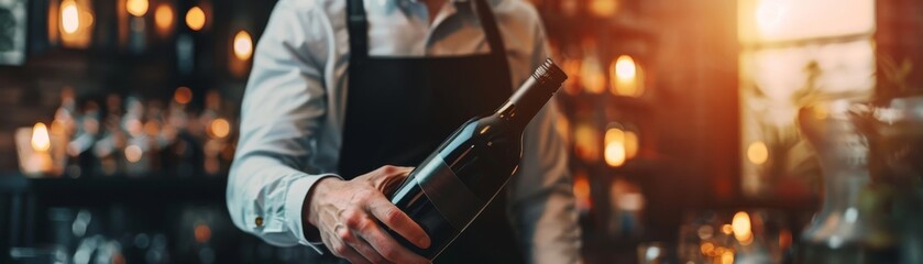 Sommelier presenting a bottle of premium wine in a fine dining restaurant, sophisticated ambiance, suitable for luxury dining advertisements