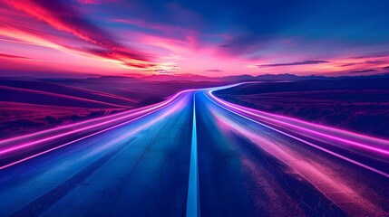Vibrant Futuristic Road Through Glowing Neon-Lit Skies in Minimalist Style