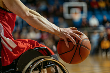 Wheelchair Basketball Player Wearing Red Uniform Leads Ball Successfully to Score a Perfect Goal
