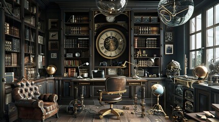 Victorian steampunk-inspired study with leather armchairs, brass accents, and vintage scientific instruments. - obrazy, fototapety, plakaty