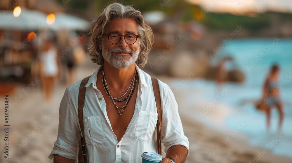 Poster a man with a beard and glasses is smiling and holding a drink. he is standing on a beach with a grou