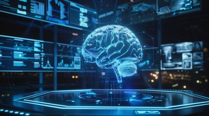 A holographic display showing a dogs brain activity while being translated into human language through a neural communication device..