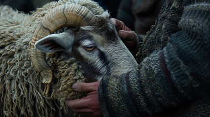 The gentle touch of a hand on the woolly coat of a ram, symbolizing the bond between humans and animals during Kurban Bayrami