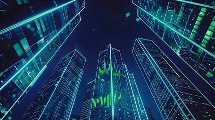 Futuristic Urban Skyline with Neon Data Visualizations Showcasing Corporate Growth and Innovation