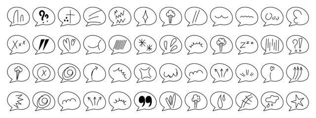 Hand drawn anime emotion effect set on checkered sheet. Manga collection of arrows, sparkles, expression signs. Vector illustration