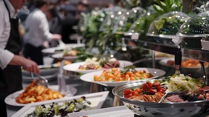 Sumptuous Buffet Spread with Exquisite Culinary Presentations for High-End Catered Event