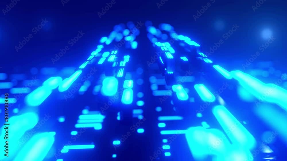 Poster flight through hi-tech technology tunnel with camera shake. neon light and fog, sci-fi constructions