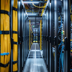Dynamic perspective inside a datacenter, focusing on the raised floor with suction tools and cables efficiently housed in racks