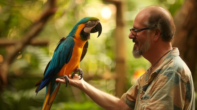 Parrot trainer interacting with a talking macaw, educational setting, ideal for promoting bird training courses or workshops