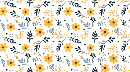 A seamless vector pattern with cute hand drawn flowers and leaves in yellow and blue colors on a white background.