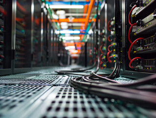 Close-up view of a raised floor in a busy datacenter, highlighting the use of suction tools and organized cabling on racks