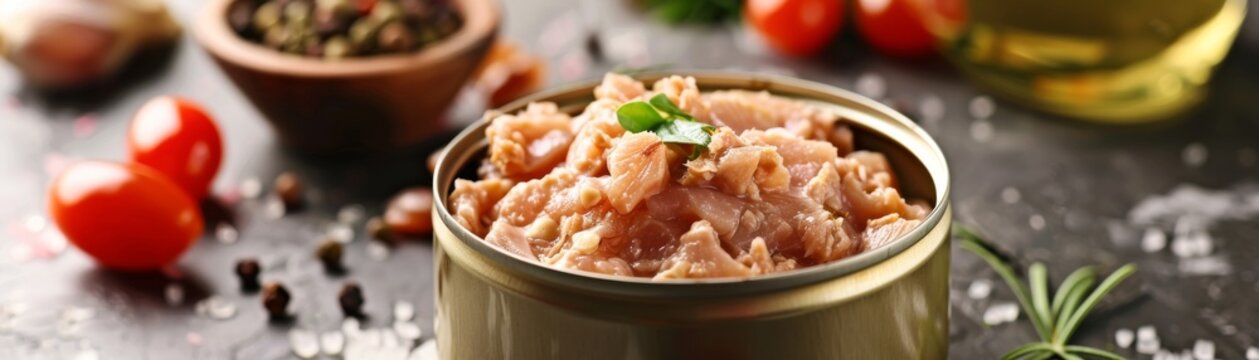 Open can of tuna on a modern kitchen table with healthy ingredients around, ideal for health food brands or canned tuna promotions