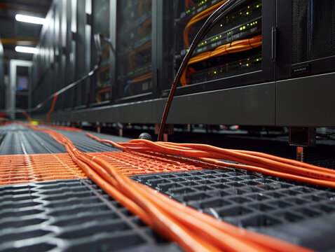 Close-up view of a raised floor in a busy datacenter, highlighting the use of suction tools and organized cabling on racks