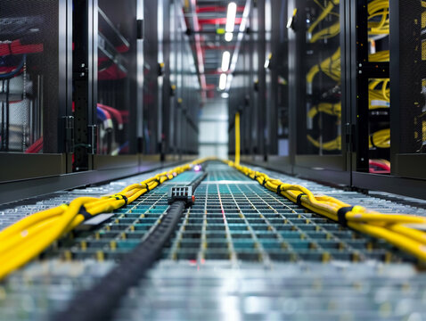 Close-up view of a raised floor in a busy datacenter, highlighting the use of suction tools and organized cabling on racks