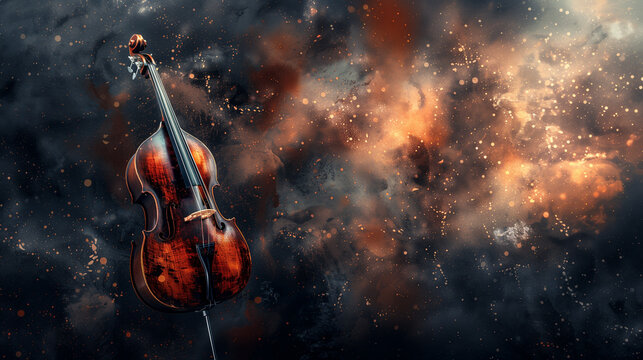 a cello on an abstract background of space. Poster for a classical music evening with a place for the text